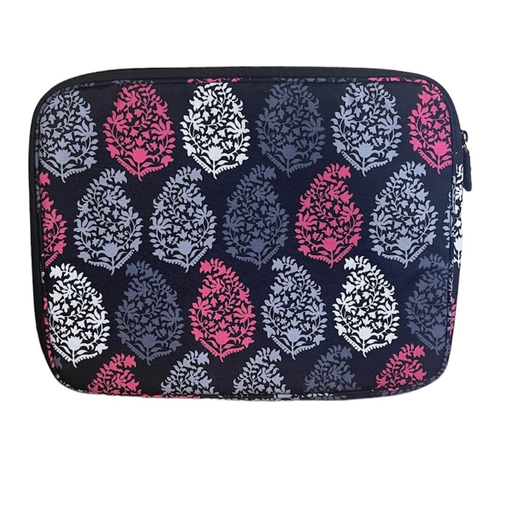 Vera Bradley Navy Laptop Sleeve with Pink, White & Gray Leaf Motif